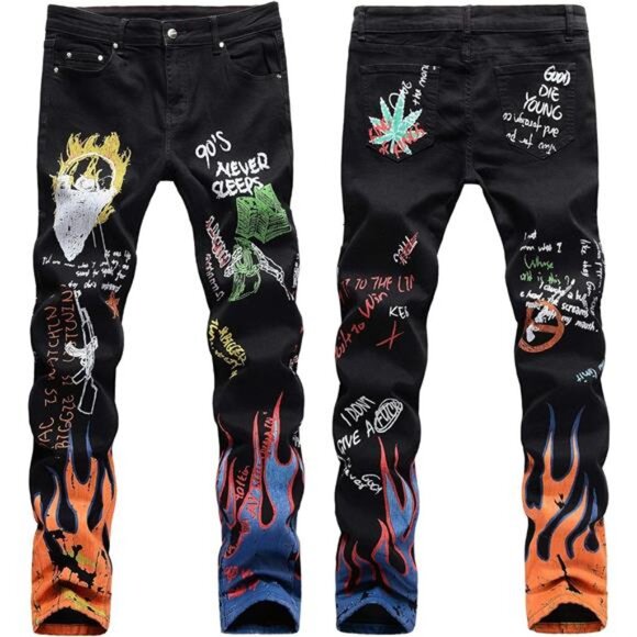NEW w Tags 3D Painted Graffiti Jeans Men's Pants Streetwear Jeans Slim Fit - Picture 4 of 8